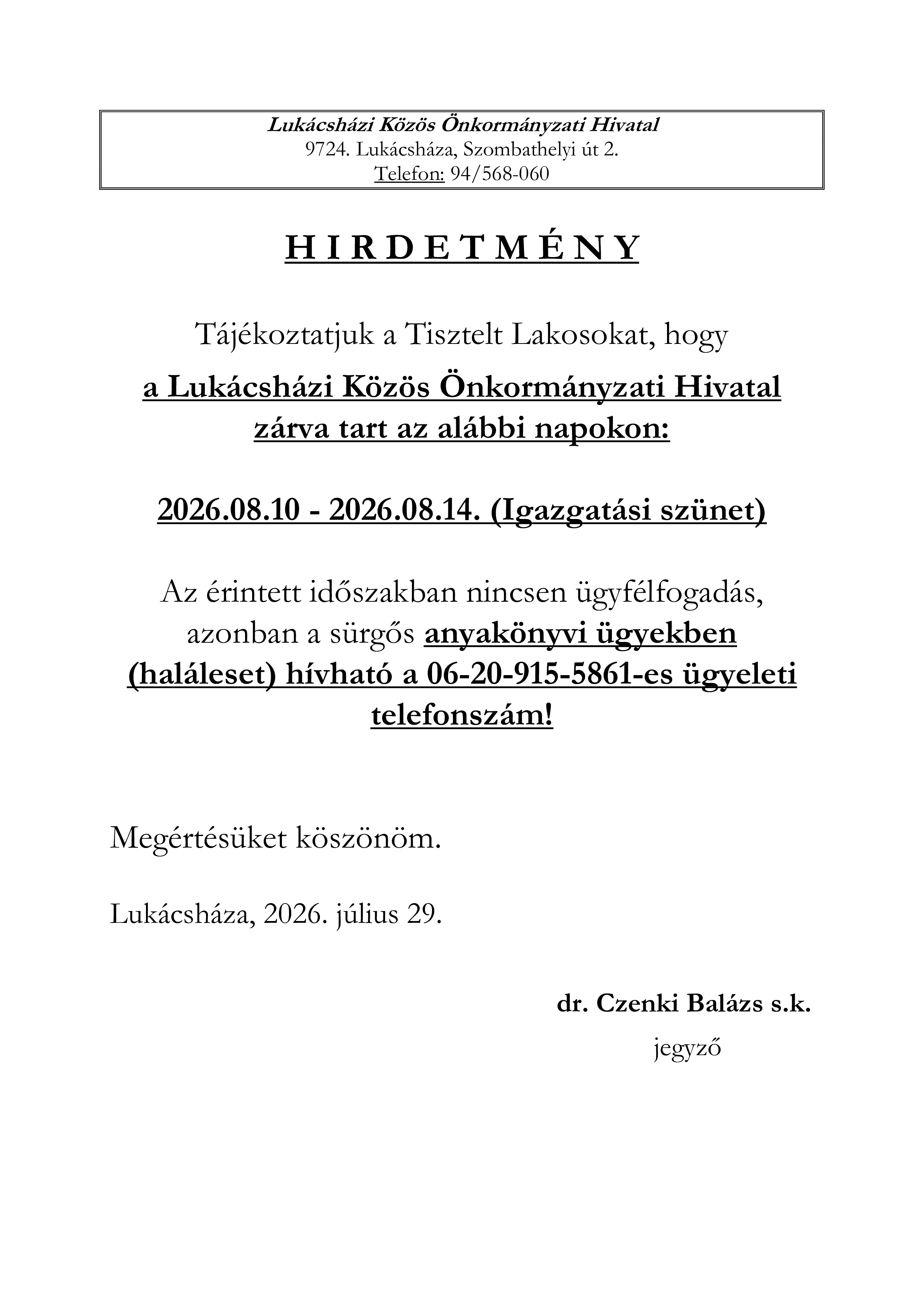 Igazgatási szünet 2026.